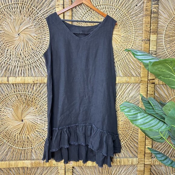 Vintage 316 Black Sleeveless Ruffle Hem Linen Mini Dress Size Large - Picture 1 of 4